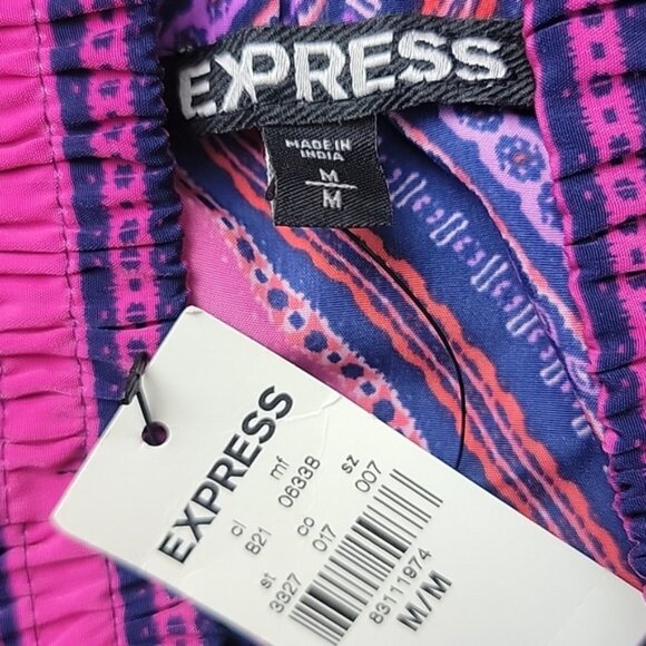 EXPRESS Purple Pink Chevron Pattern Smocked Waist Retro Boho Party Mini Skirt M - Picture 4 of 7